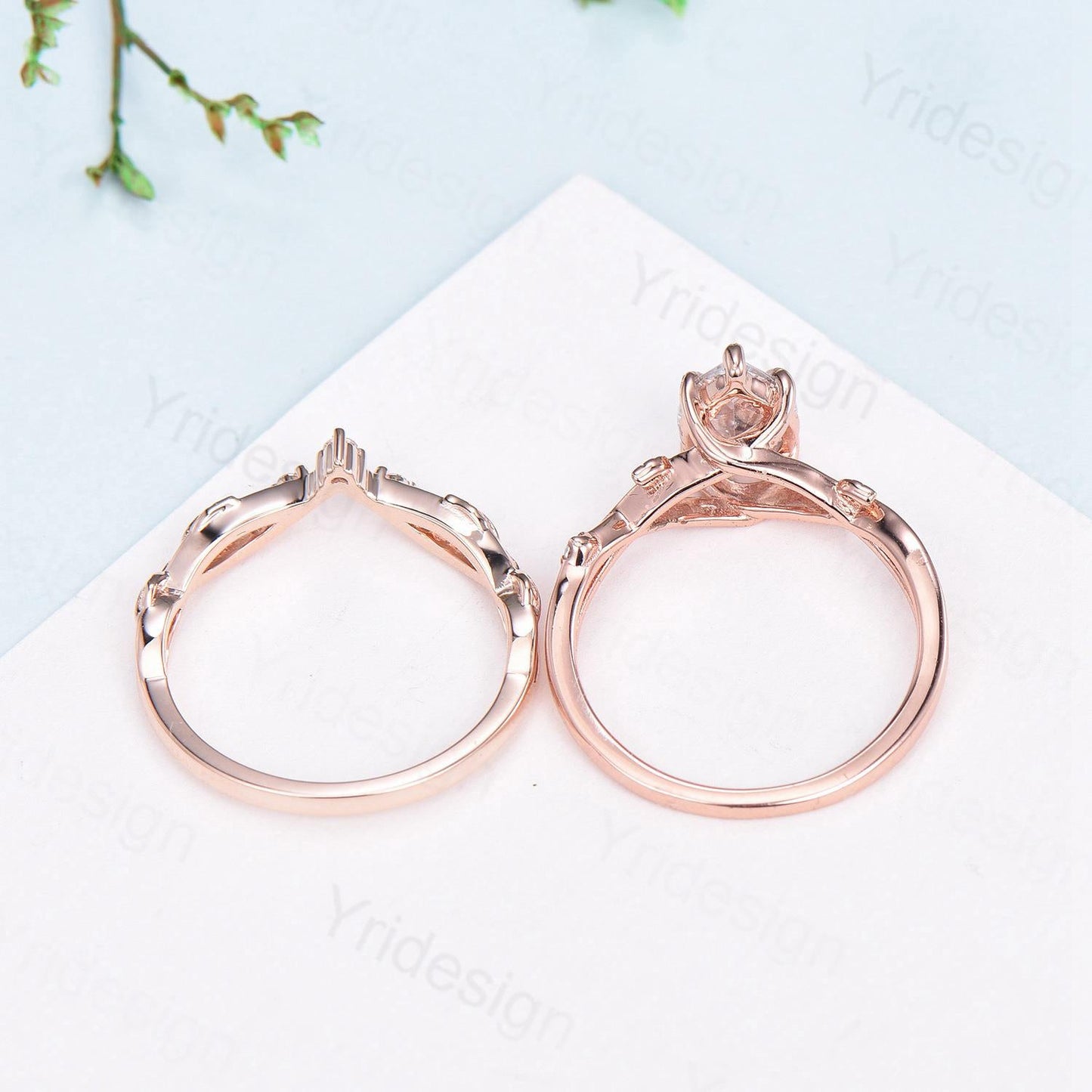 Vintage Pear Shaped Diamond Engagement Ring Set Unique 18K Rose Gold Moissanite Wedding Ring Set Nature Inspired Leafy Vine Anniversary Ring