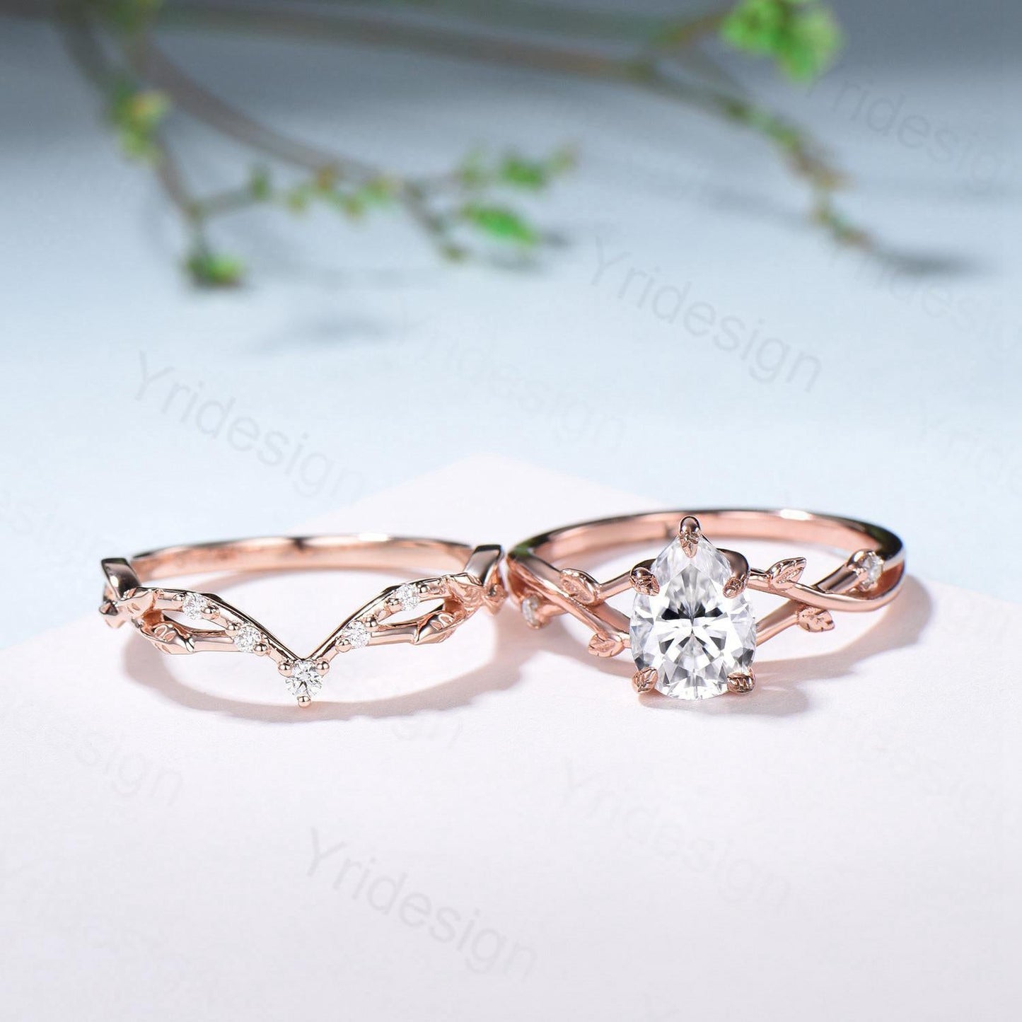 Vintage Pear Shaped Diamond Engagement Ring Set Unique 18K Rose Gold Moissanite Wedding Ring Set Nature Inspired Leafy Vine Anniversary Ring