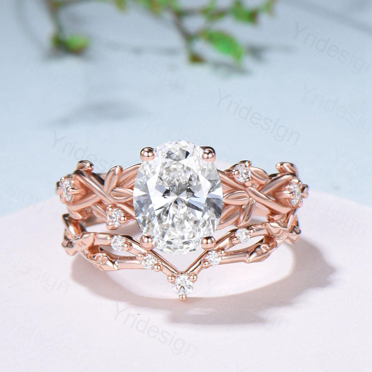 Nature Inspired Oval Diamond Engagement Ring Split  Shank CVD Diamond Bridal Ring Set Unique Leaf Vine Moissanite Wedding Ring Set for Her