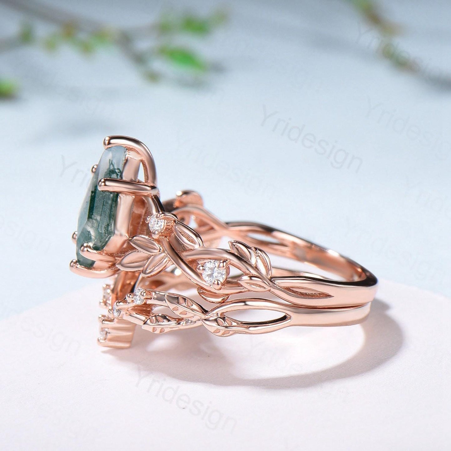 1.5 Carat Kite Cut Natural Moss Agate Engagement Ring Set Leaf Vine Green Agate Diamond Wedding Set Nature Inspired Anniversary Ring Women