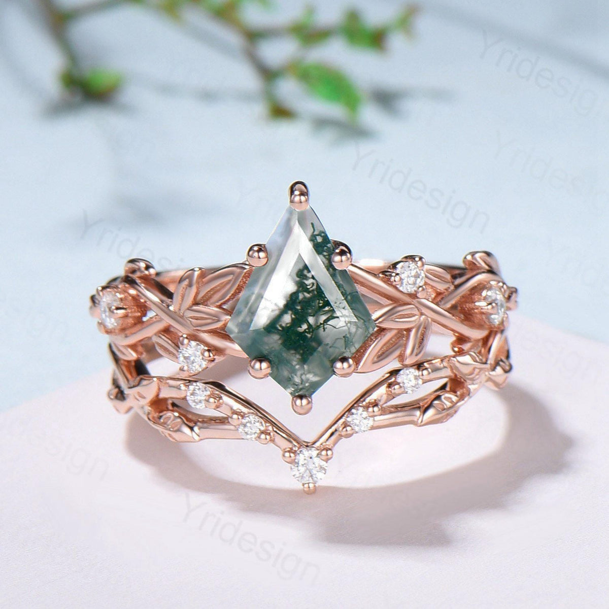 1.5 Carat Kite Cut Natural Moss Agate Engagement Ring Set Leaf Vine Green Agate Diamond Wedding Set Nature Inspired Anniversary Ring Women