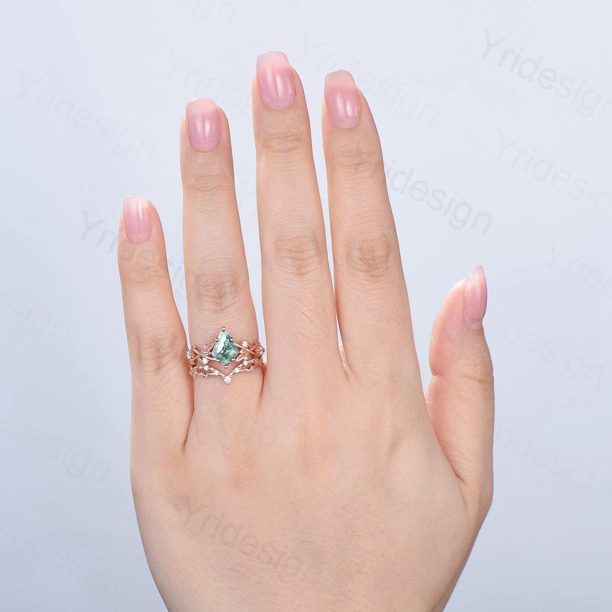 1.5 Carat Kite Cut Natural Moss Agate Engagement Ring Set Leaf Vine Green Agate Diamond Wedding Set Nature Inspired Anniversary Ring Women