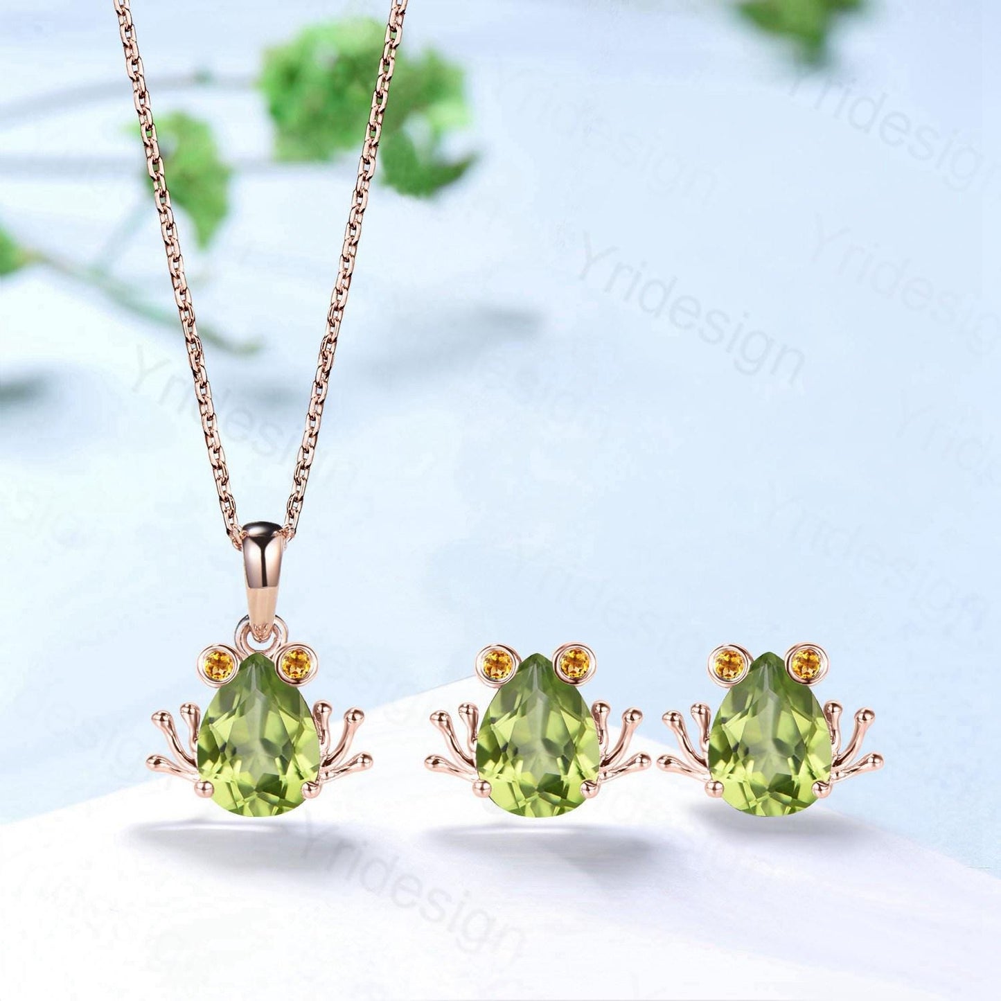 Unique Frog Necklace and Earrings Pear Shaped Natural Peridot Citrine Fine Jewelry Animal Inspired Silver Rose Gold Amphibian Wedding Set