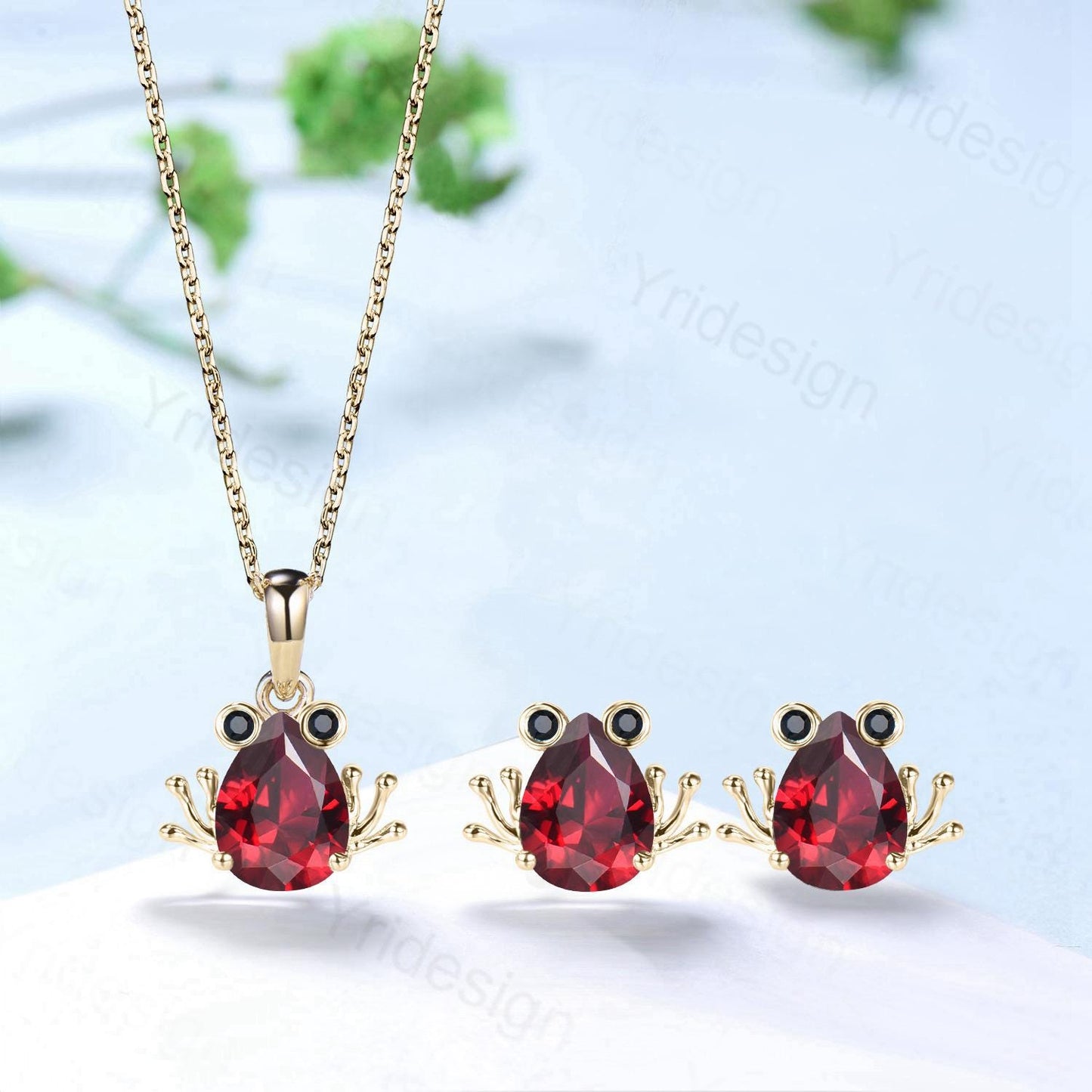 Handmade Rose Gold Garnet Frog Necklace & Spinel Earrings Set