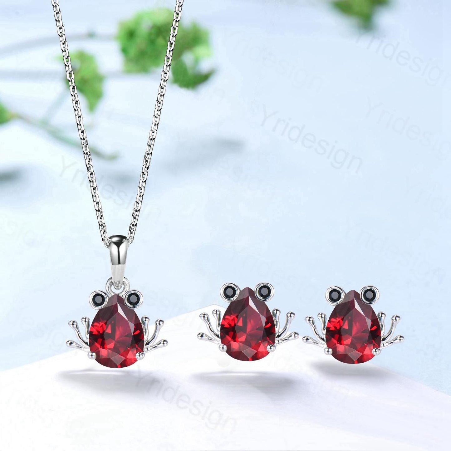 Handmade Rose Gold Garnet Frog Necklace & Spinel Earrings Set