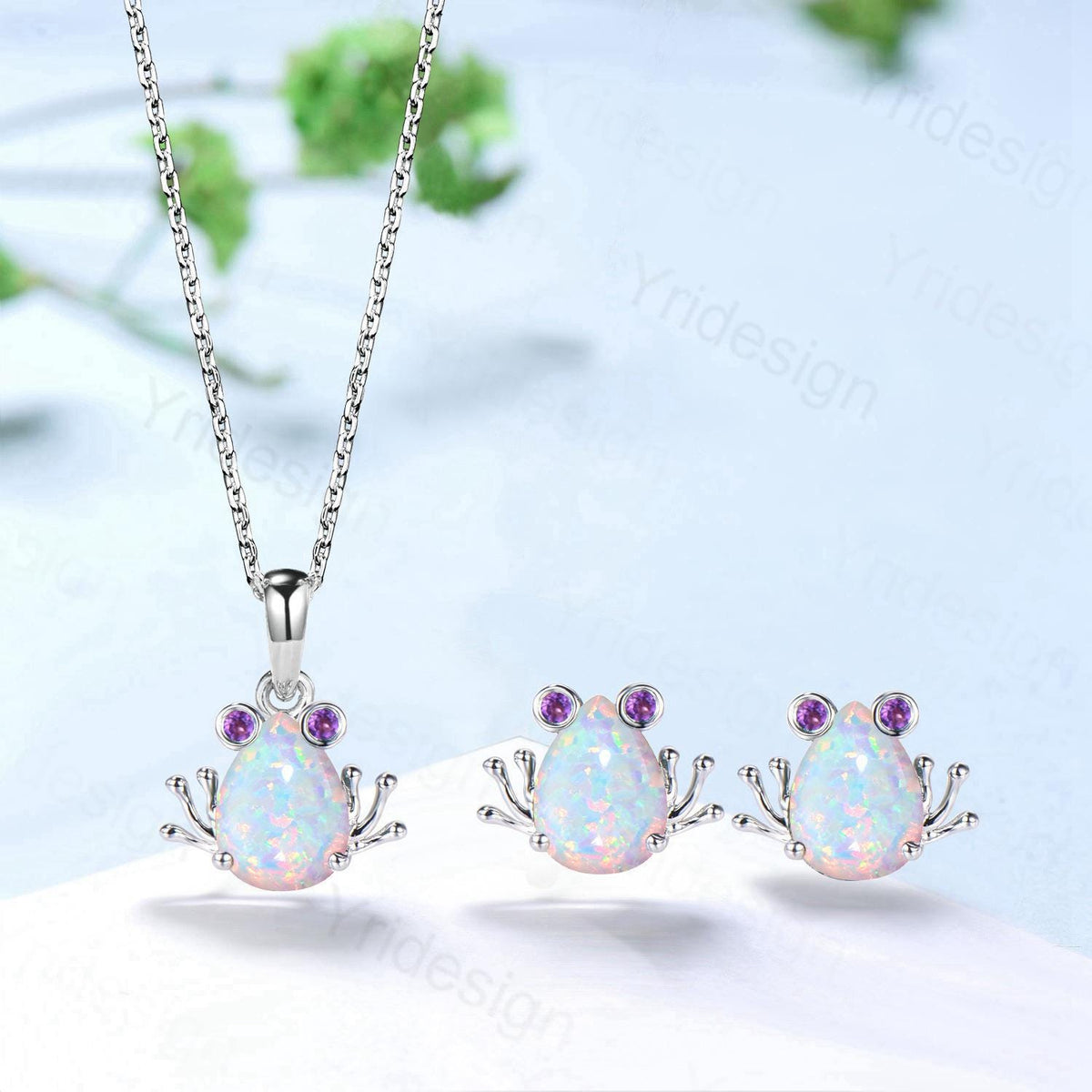 Unique Pear Shaped White Opal Frog Necklace Animal Inspired Frog Opal Amethyst Earring Silver Rose Gold Cute Amphibian Jewelry Wedding Set