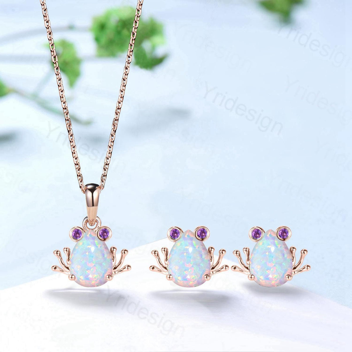 Unique Pear Shaped White Opal Frog Necklace Animal Inspired Frog Opal Amethyst Earring Silver Rose Gold Cute Amphibian Jewelry Wedding Set