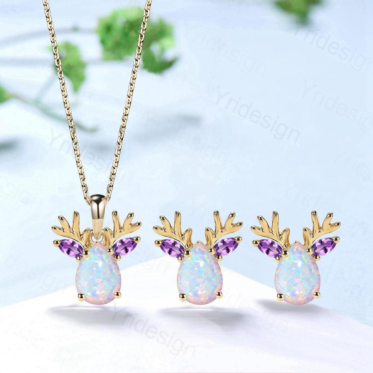 Handmade 14K Gold Deer Antler Opal Necklace with Amethyst