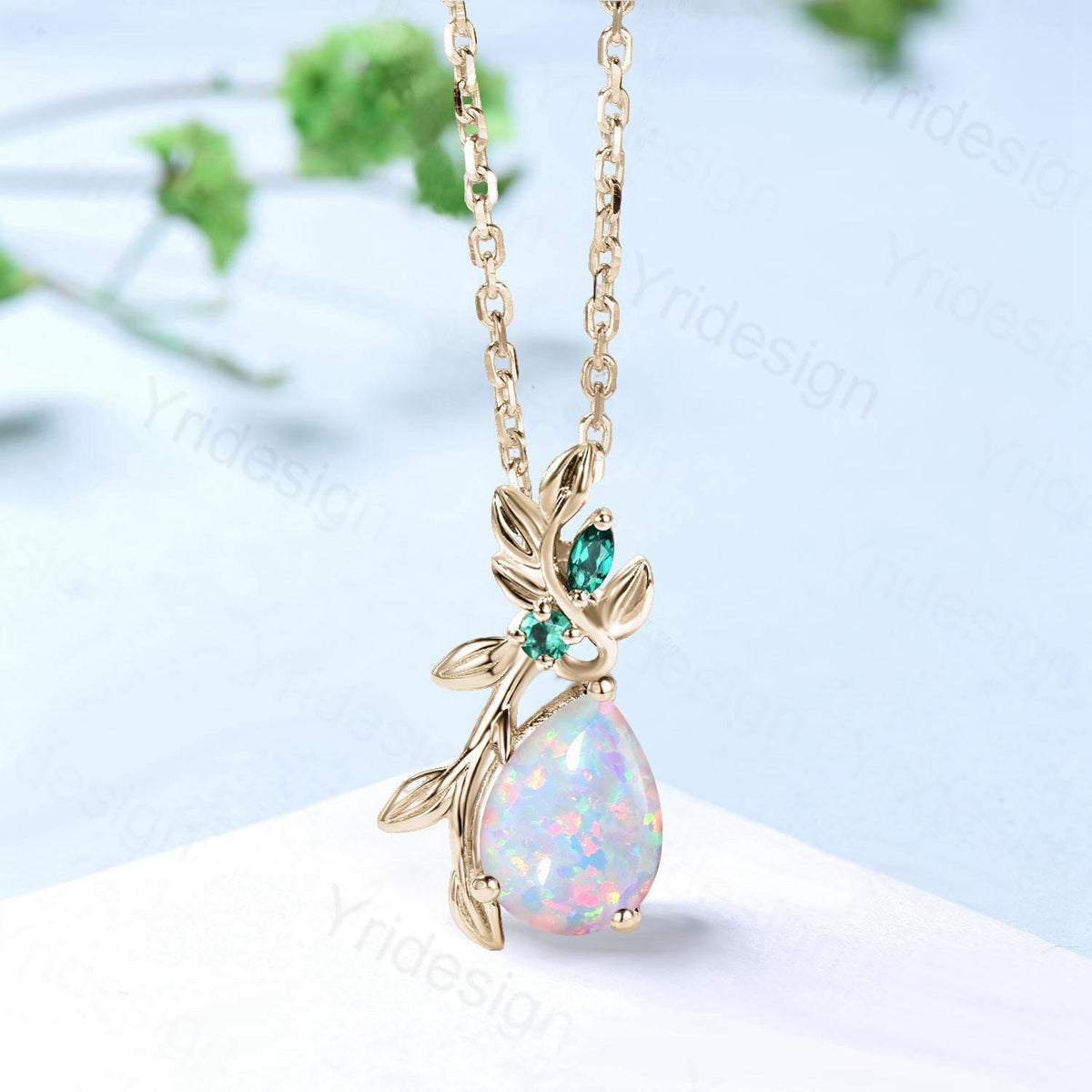 Elegant Pear Shaped White Opal Pendant Necklace fire opal leaf branch necklace Twisted nature inspired October birthstone anniversary gifts