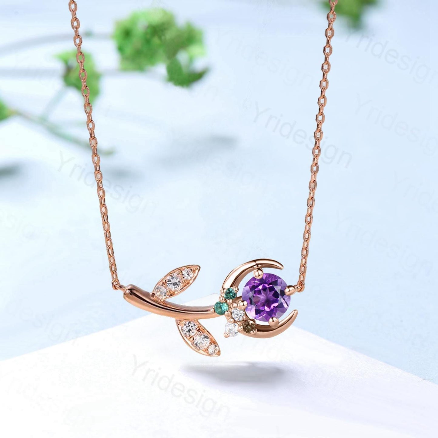 Vintage Crescent moon amethyst pendant necklace cluster moissanite moon pendant necklace 14k/18k rose gold star branch necklace promise gift