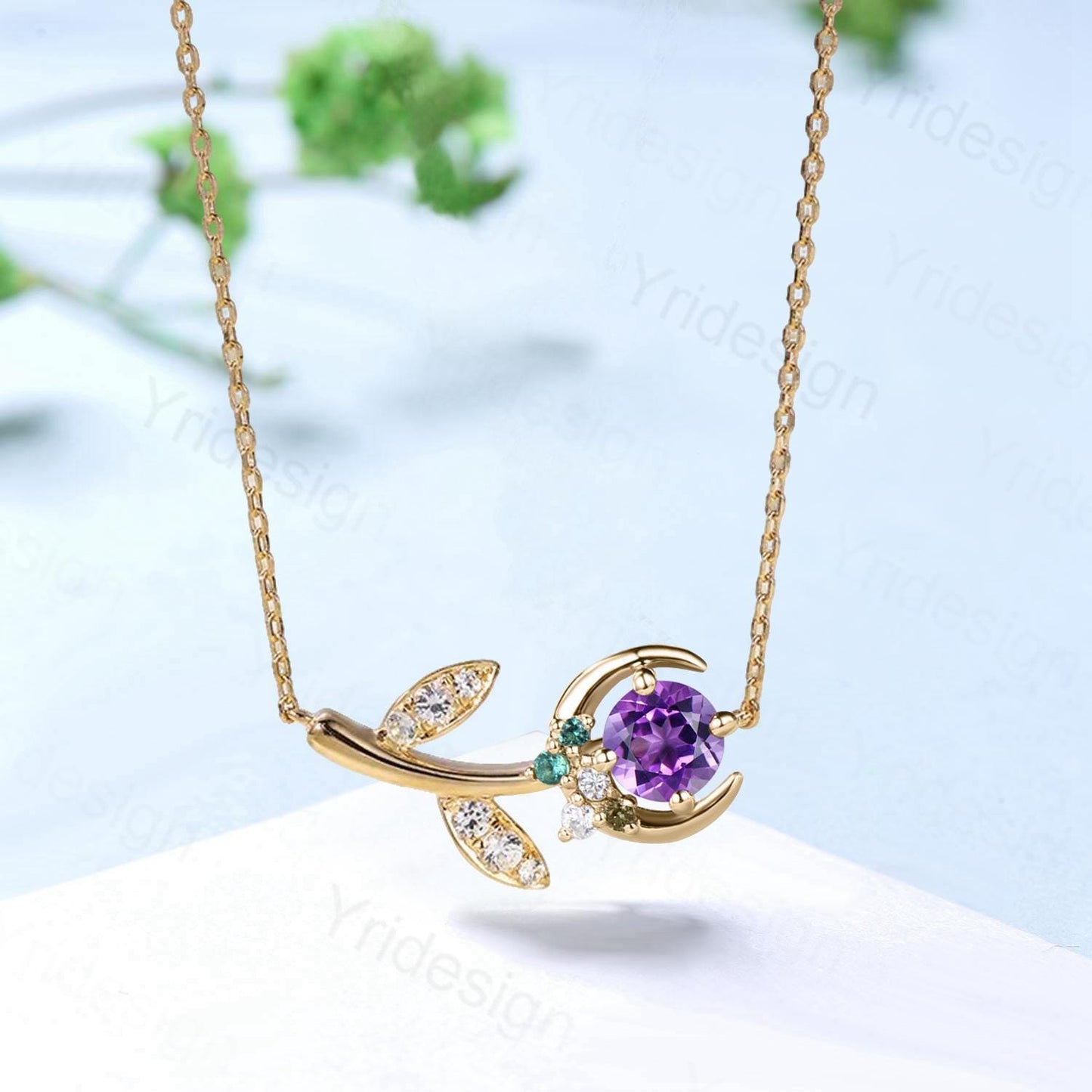 Vintage Crescent moon amethyst pendant necklace cluster moissanite moon pendant necklace 14k/18k rose gold star branch necklace promise gift