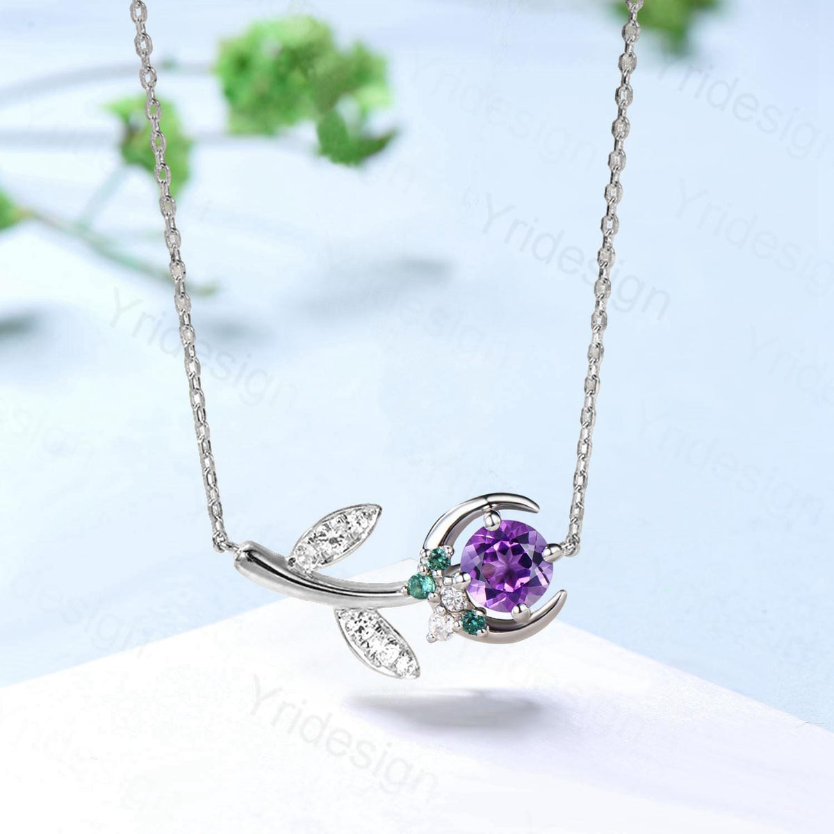 Vintage Crescent moon amethyst pendant necklace cluster moissanite moon pendant necklace 14k/18k rose gold star branch necklace promise gift