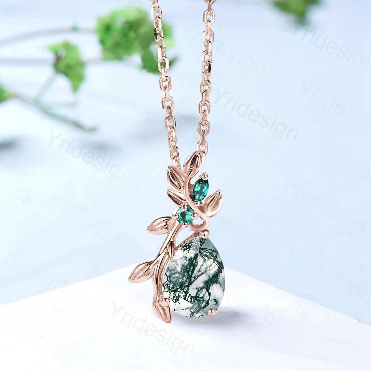 Elegant Pear Shaped Natural moss Agate Pendant Necklace leaf branch emerald necklace Twisted nature inspired green stone anniversary gifts