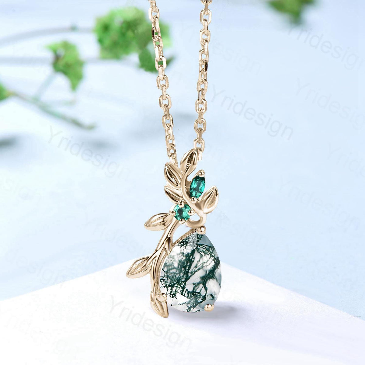 Elegant Pear Shaped Natural moss Agate Pendant Necklace leaf branch emerald necklace Twisted nature inspired green stone anniversary gifts