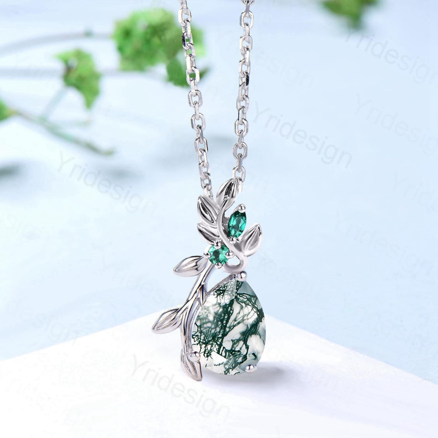 Elegant Pear Shaped Natural moss Agate Pendant Necklace leaf branch emerald necklace Twisted nature inspired green stone anniversary gifts
