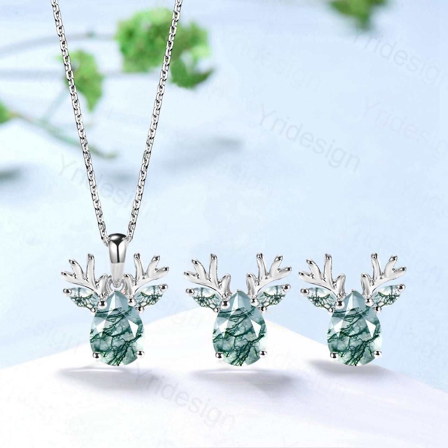 Elegant Pear Shaped Natural Moss Agate Antler Necklace Animal Inspired Marquise Agate Earring Silver Rose Gold Deer Antler Jewelry for Her