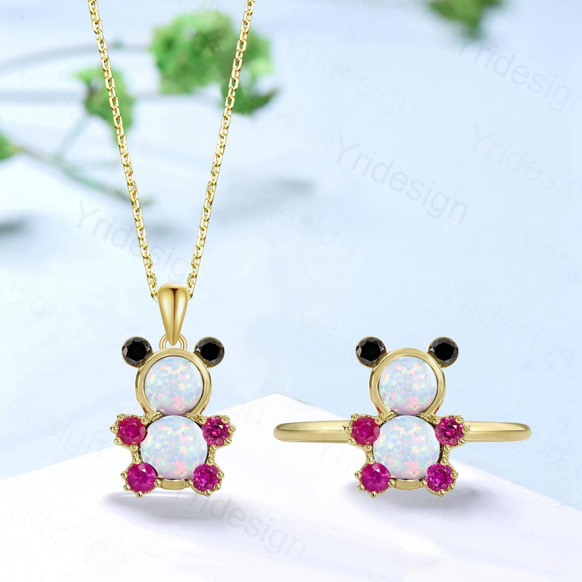 Unique Teddy Bear Jewelry white opal engagement ring and opal necklace cluster ruby animal inspired unique delicate bridal ring set gift