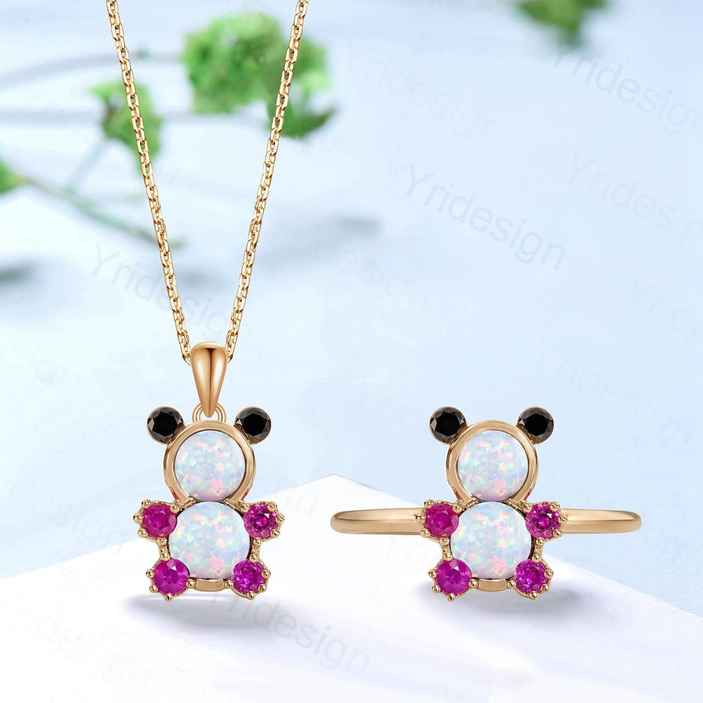 Unique Teddy Bear Jewelry white opal engagement ring and opal necklace cluster ruby animal inspired unique delicate bridal ring set gift