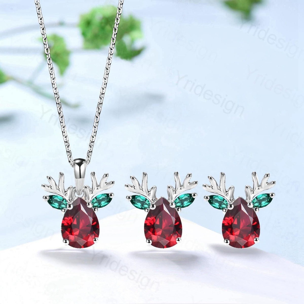 Elegant Pear Cut Red Ruby Antler Necklace Animal Inspired Dainty Marquise Emerald Earring Rose Gold Deer Antler July Birthstone Jewelry