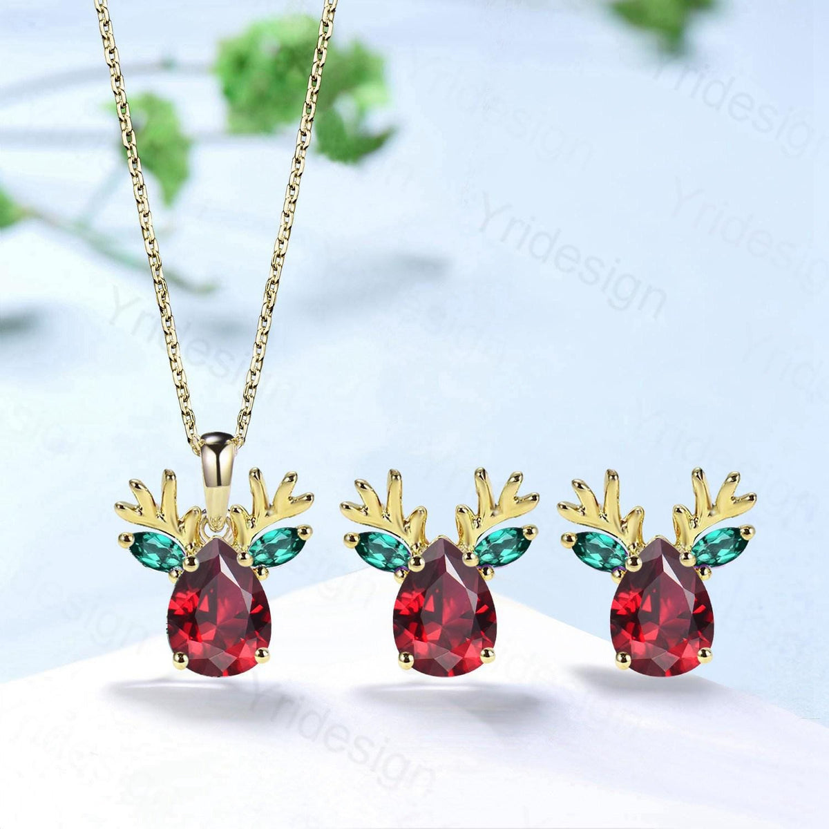 Elegant Pear Cut Red Ruby Antler Necklace Animal Inspired Dainty Marquise Emerald Earring Rose Gold Deer Antler July Birthstone Jewelry