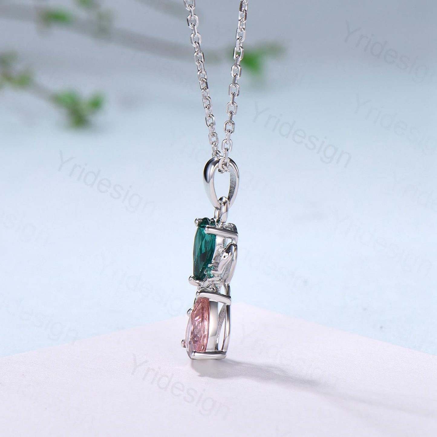 Nature Inspired Pink Tourmaline Emerald Pendant Necklace Women Unique Alternative Moss Agate Necklace Branch Snake pear shaped leafy pendant