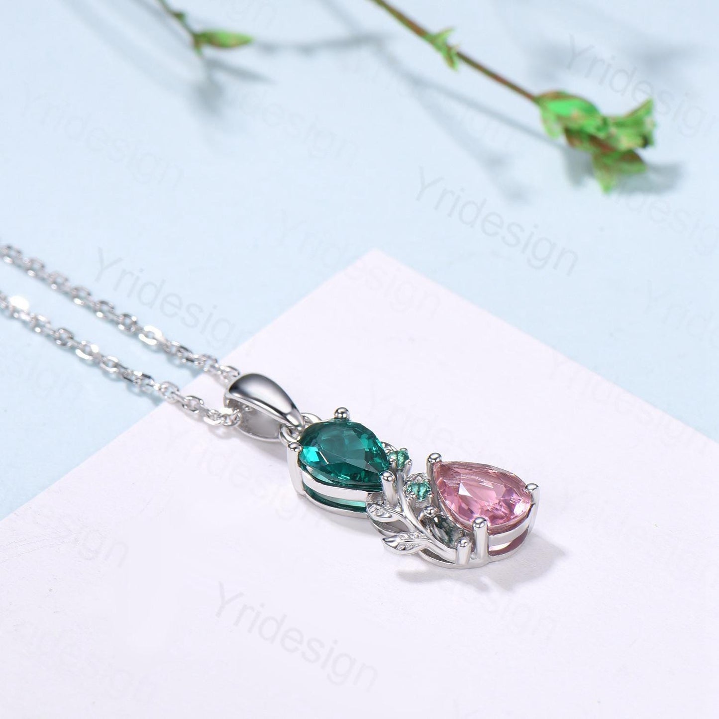 Nature Inspired Pink Tourmaline Emerald Pendant Necklace Women Unique Alternative Moss Agate Necklace Branch Snake pear shaped leafy pendant