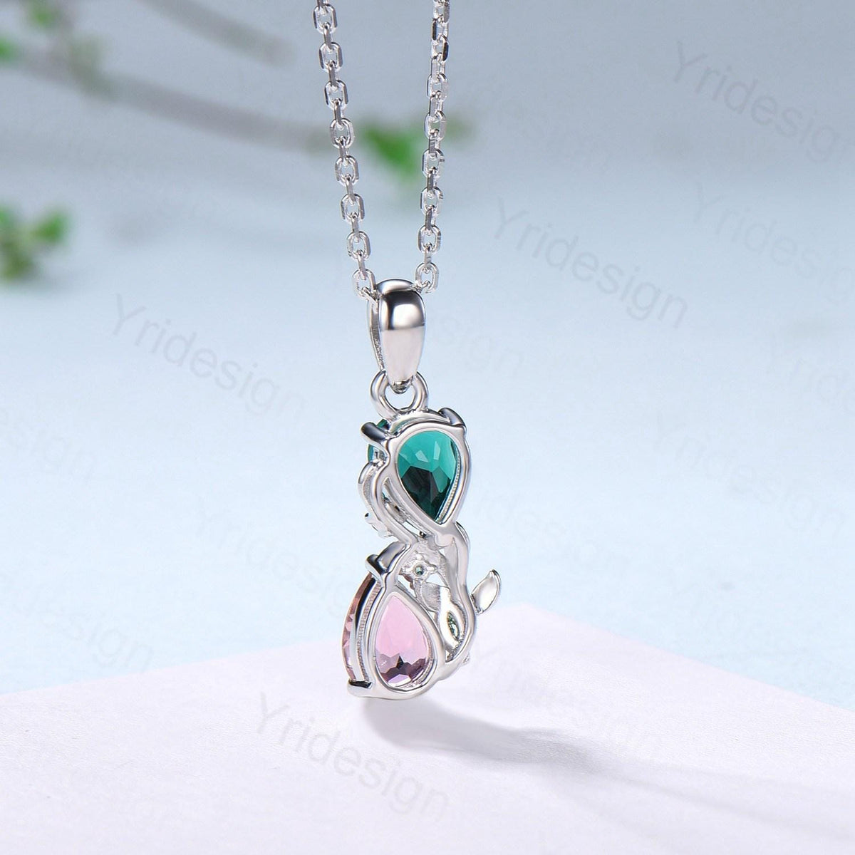 Nature Inspired Pink Tourmaline Emerald Pendant Necklace Women Unique Alternative Moss Agate Necklace Branch Snake pear shaped leafy pendant