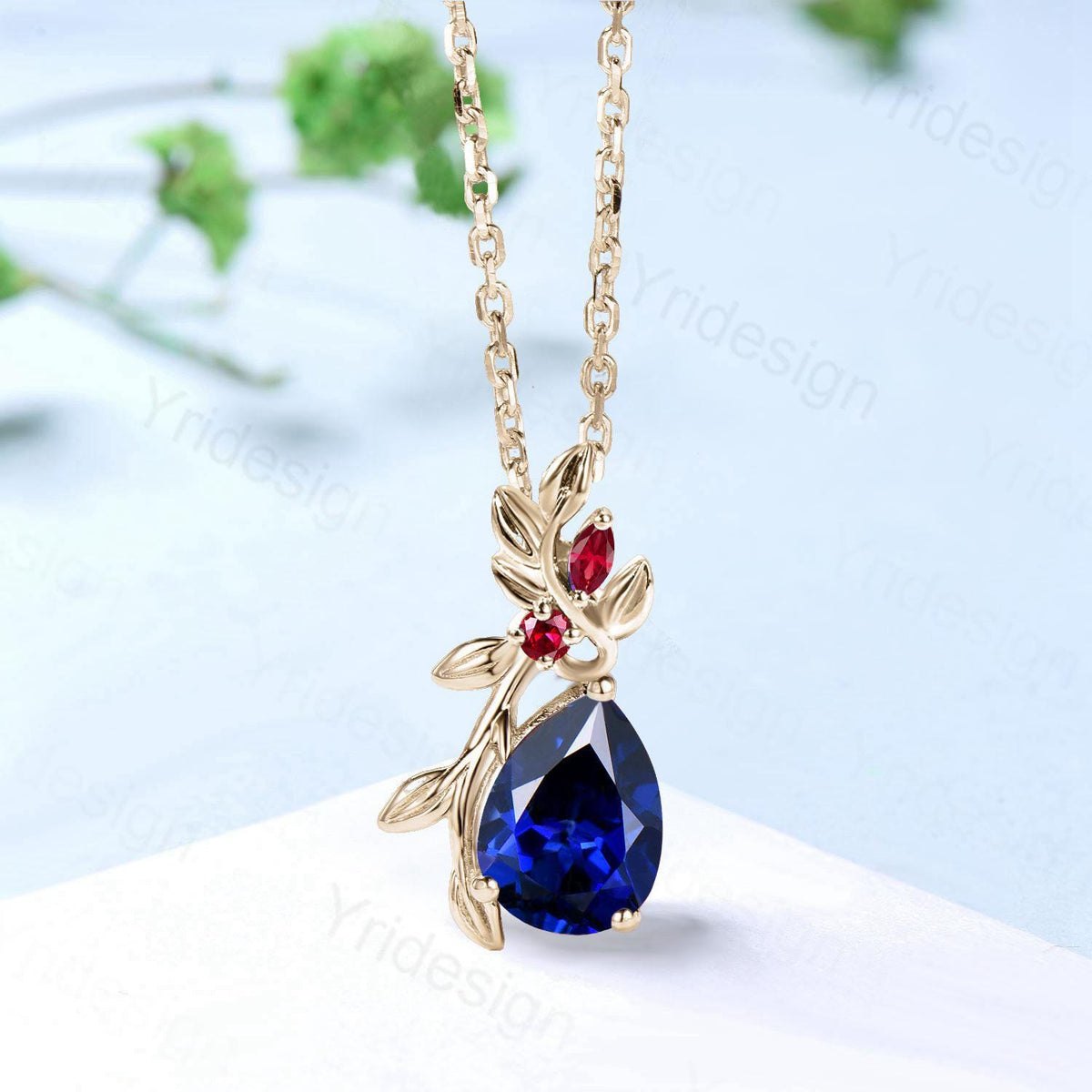 Elegant Pear Shaped Blue Sapphire Pendant Necklace leaf branch red ruby necklace Twisted nature inspired Sep birthstone anniversary gifts