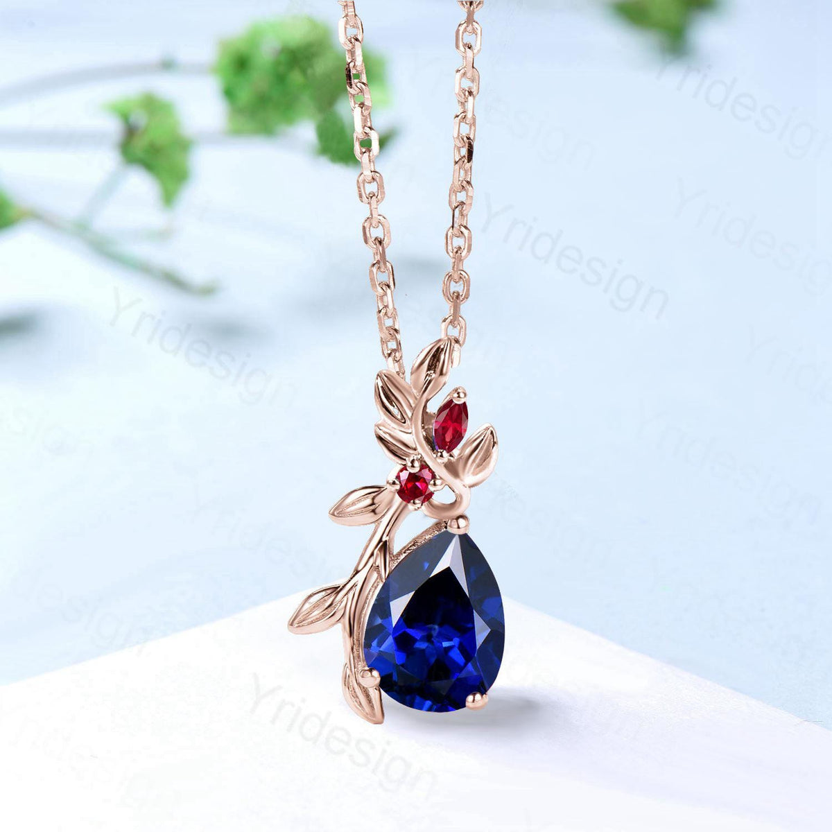 Elegant Pear Shaped Blue Sapphire Pendant Necklace leaf branch red ruby necklace Twisted nature inspired Sep birthstone anniversary gifts
