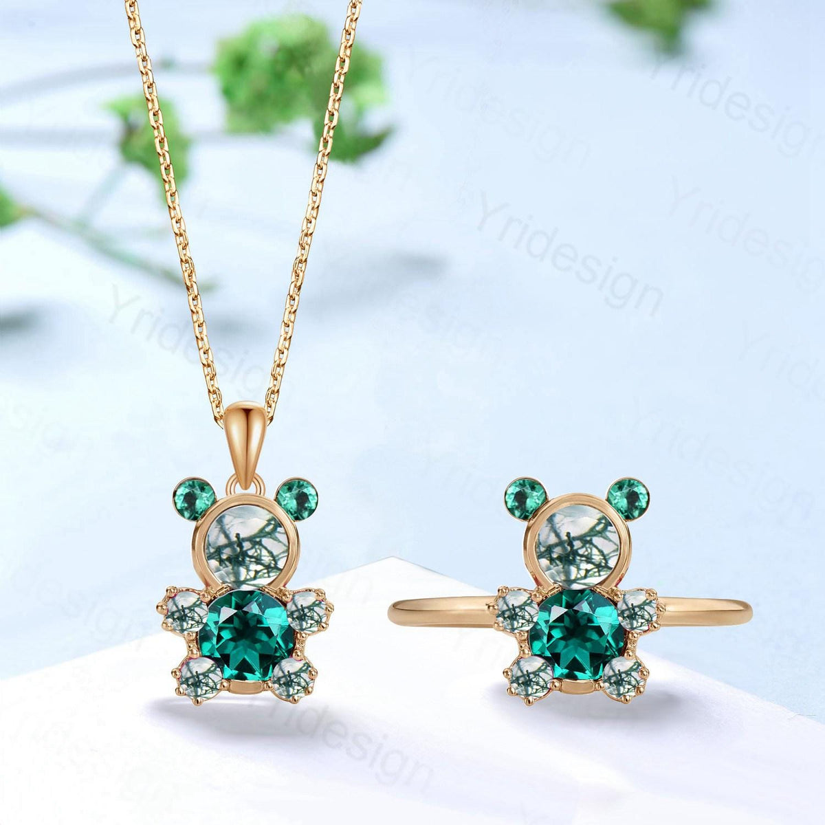 Dainty Teddy Bear Jewelry moss agate engagement ring and emerald necklace charm pendant animal inspired unique delicate bridal ring set gift