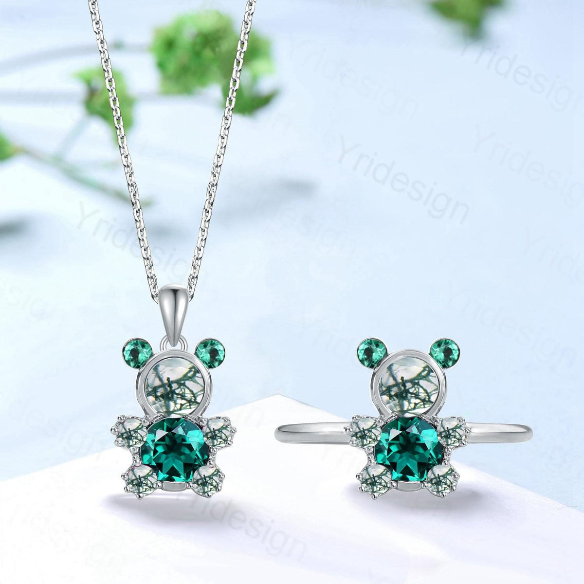Dainty Teddy Bear Jewelry moss agate engagement ring and emerald necklace charm pendant animal inspired unique delicate bridal ring set gift