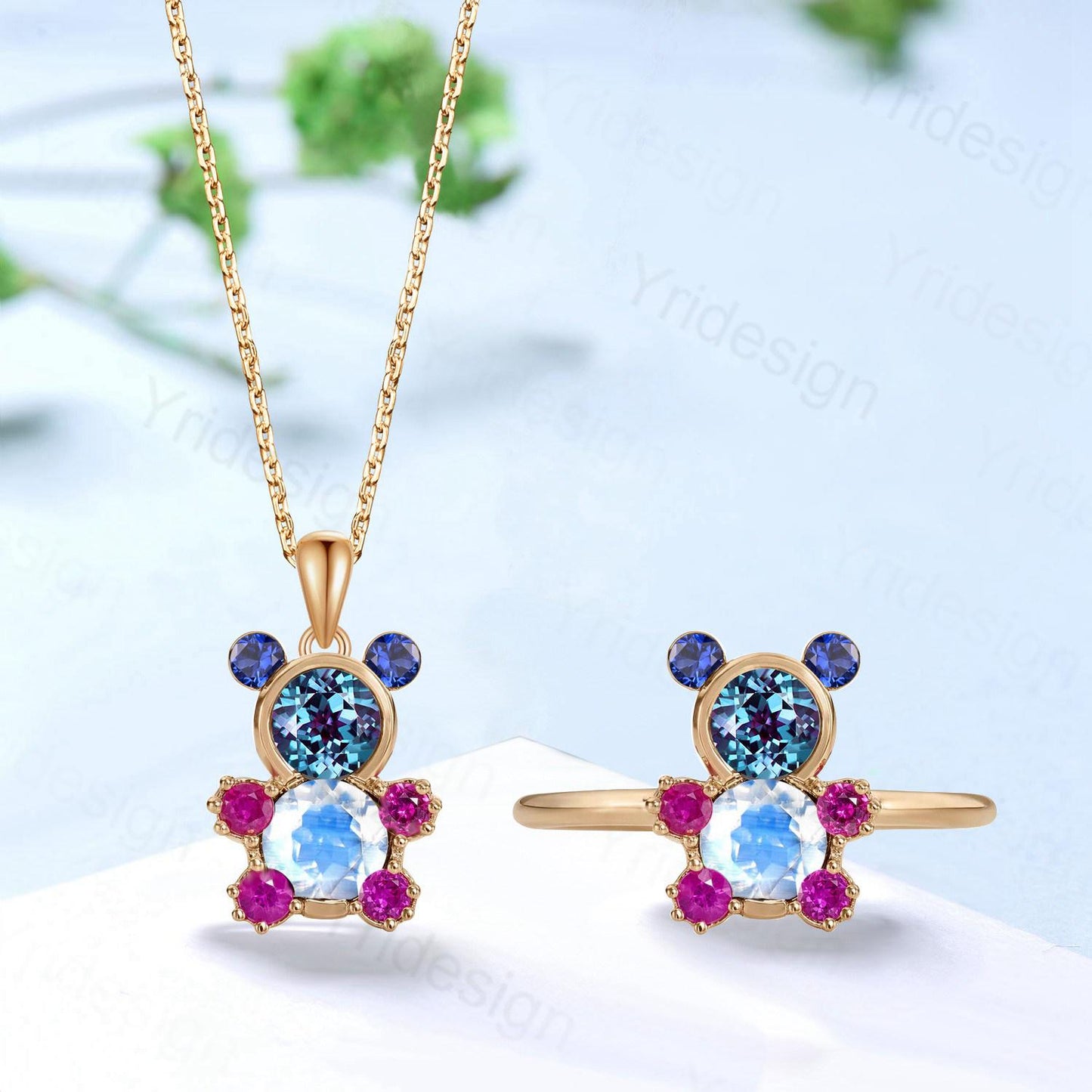 Unique Teddy Bear Jewelry alexandrite moonstone engagement ring pendant necklace cluster sapphire ruby delicate June birthstone wedding set