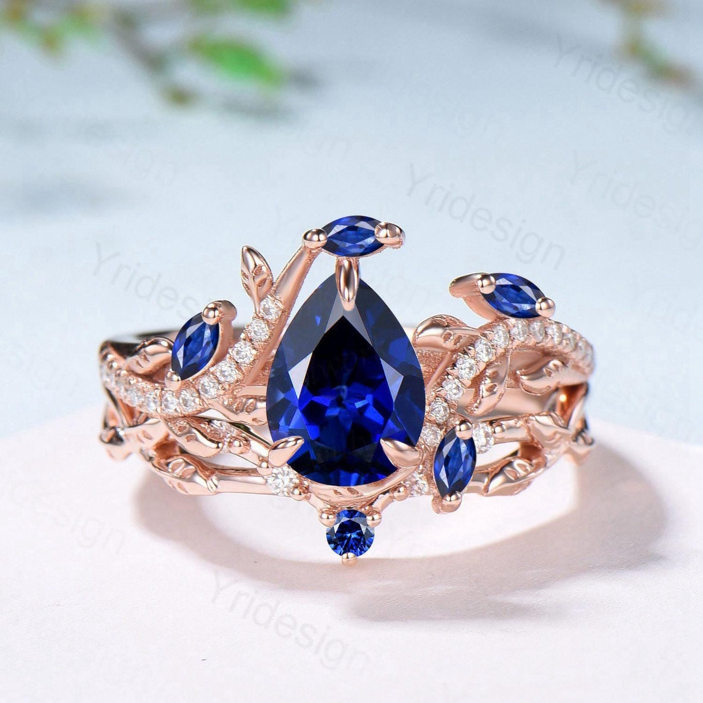 Nature Inspired Pear Shaped Blue Sapphire Engagement Ring Set Snake Marquise Sapphire Wedding Bridal Ring Set Twig Vine Promise Ring