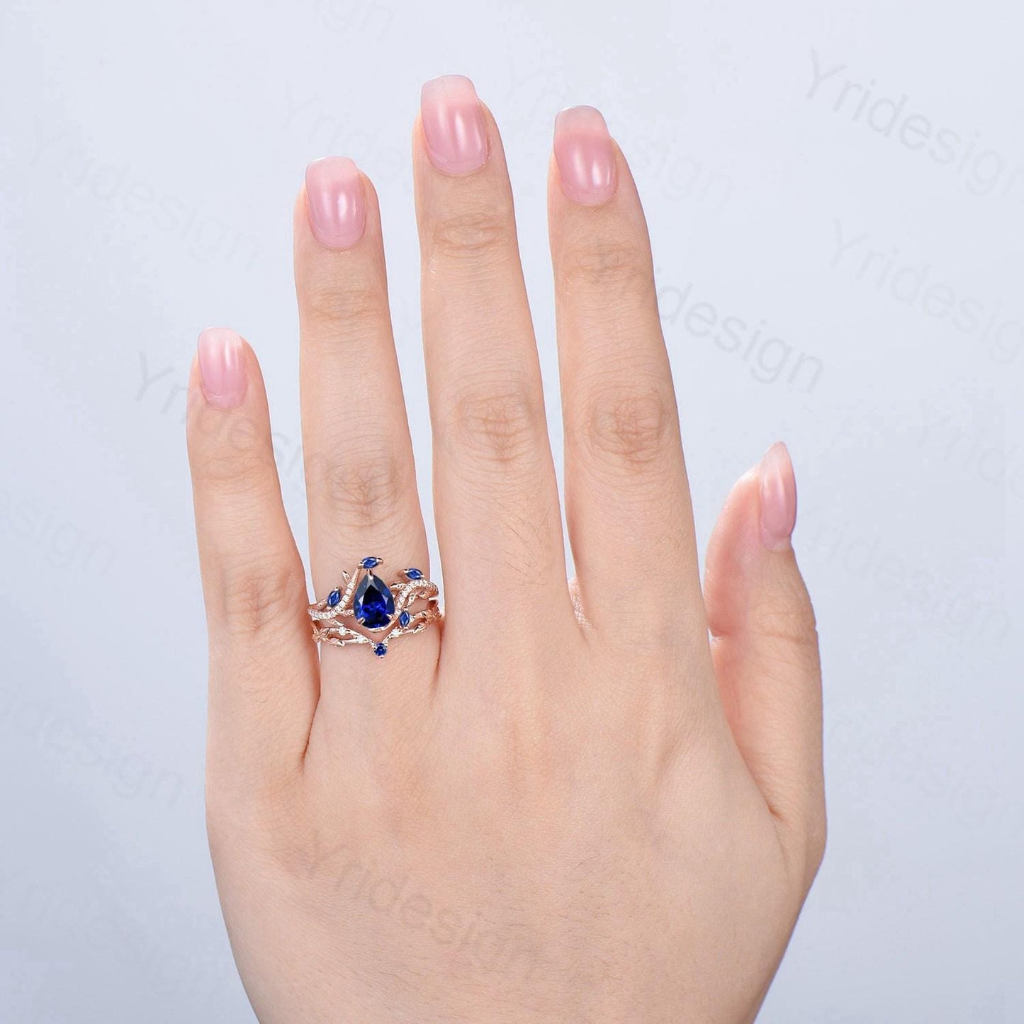 Nature Inspired Pear Shaped Blue Sapphire Engagement Ring Set Snake Marquise Sapphire Wedding Bridal Ring Set Twig Vine Promise Ring