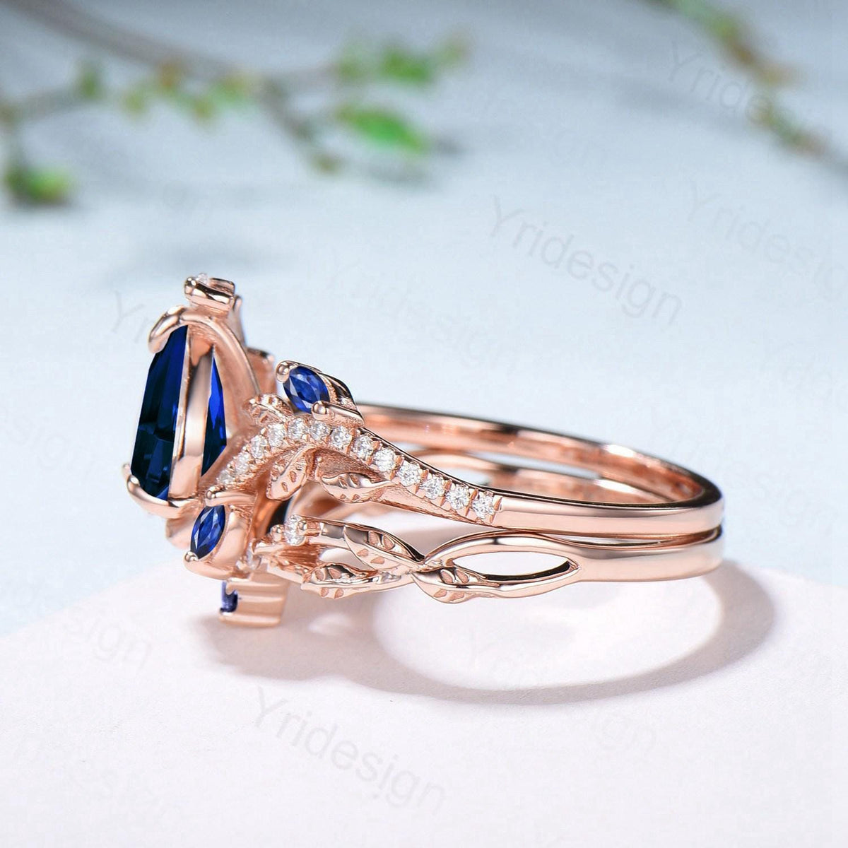 Nature Inspired Pear Shaped Blue Sapphire Engagement Ring Set Snake Marquise Sapphire Wedding Bridal Ring Set Twig Vine Promise Ring
