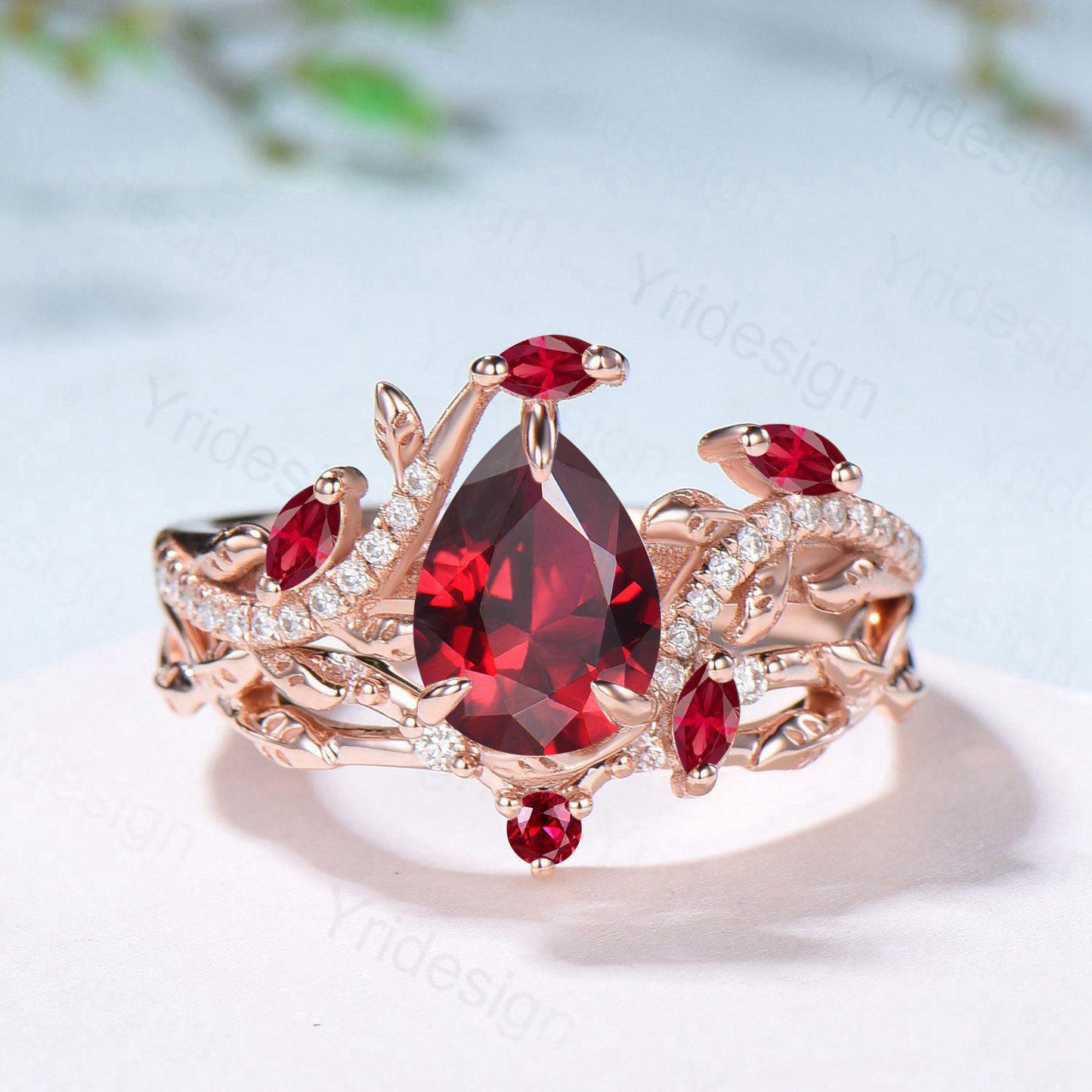 Nature Inspired Pear Shaped Ruby Engagement Ring Set Snake Marquise Ruby Wedding Ring Art Deco Bridal Set Twig Vine Leafy Anniversary Ring