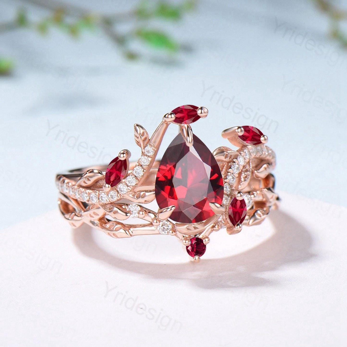 Nature Inspired Pear Shaped Ruby Engagement Ring Set Snake Marquise Ruby Wedding Ring Art Deco Bridal Set Twig Vine Leafy Anniversary Ring