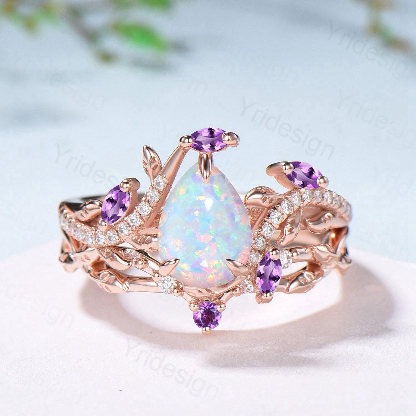 Vintage Pear Shaped White Fire Opal Engagement Ring Set Nature Inspired Snake Marqusie Opal Wedding Set 14K Rose Gold Amethyst Bridal Set