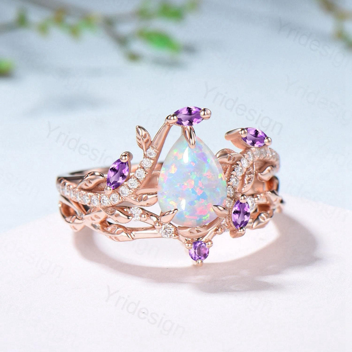 Vintage Pear Shaped White Fire Opal Engagement Ring Set Nature Inspired Snake Marqusie Opal Wedding Set 14K Rose Gold Amethyst Bridal Set
