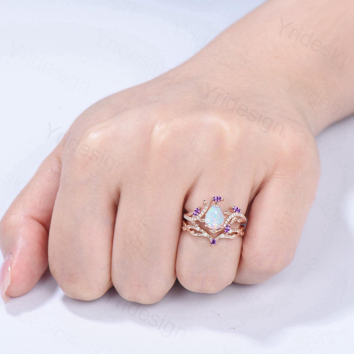 Vintage Pear Shaped White Fire Opal Engagement Ring Set Nature Inspired Snake Marqusie Opal Wedding Set 14K Rose Gold Amethyst Bridal Set