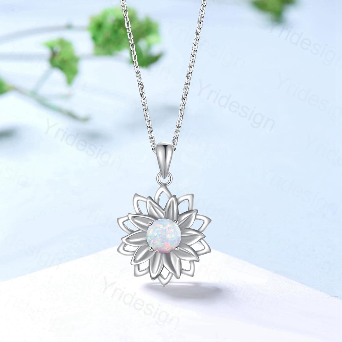 Vintage Sunflower White Opal Pendant Necklace fire opal leafy necklace elegant spinner pendant October birthstone anniversary gifts for mom