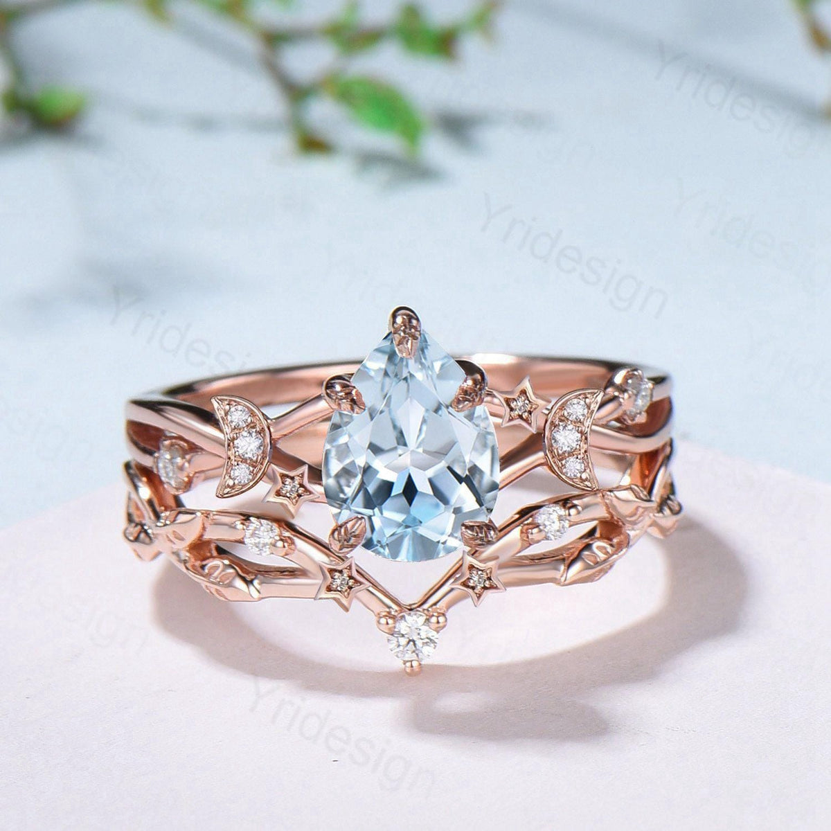 Unique Moon Star Natural Aquamarine Engagement Ring Set Nature Inspired March Birthstone Pear Shaped Wedding Ring Set Art Deco Bridal Set