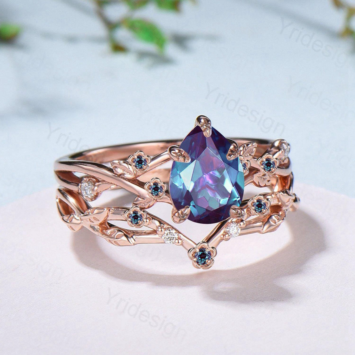 Floral alexandrite engagement ring set Nature inspired color change stone engagement ring set silver rose gold leafy vine bridal wedding set