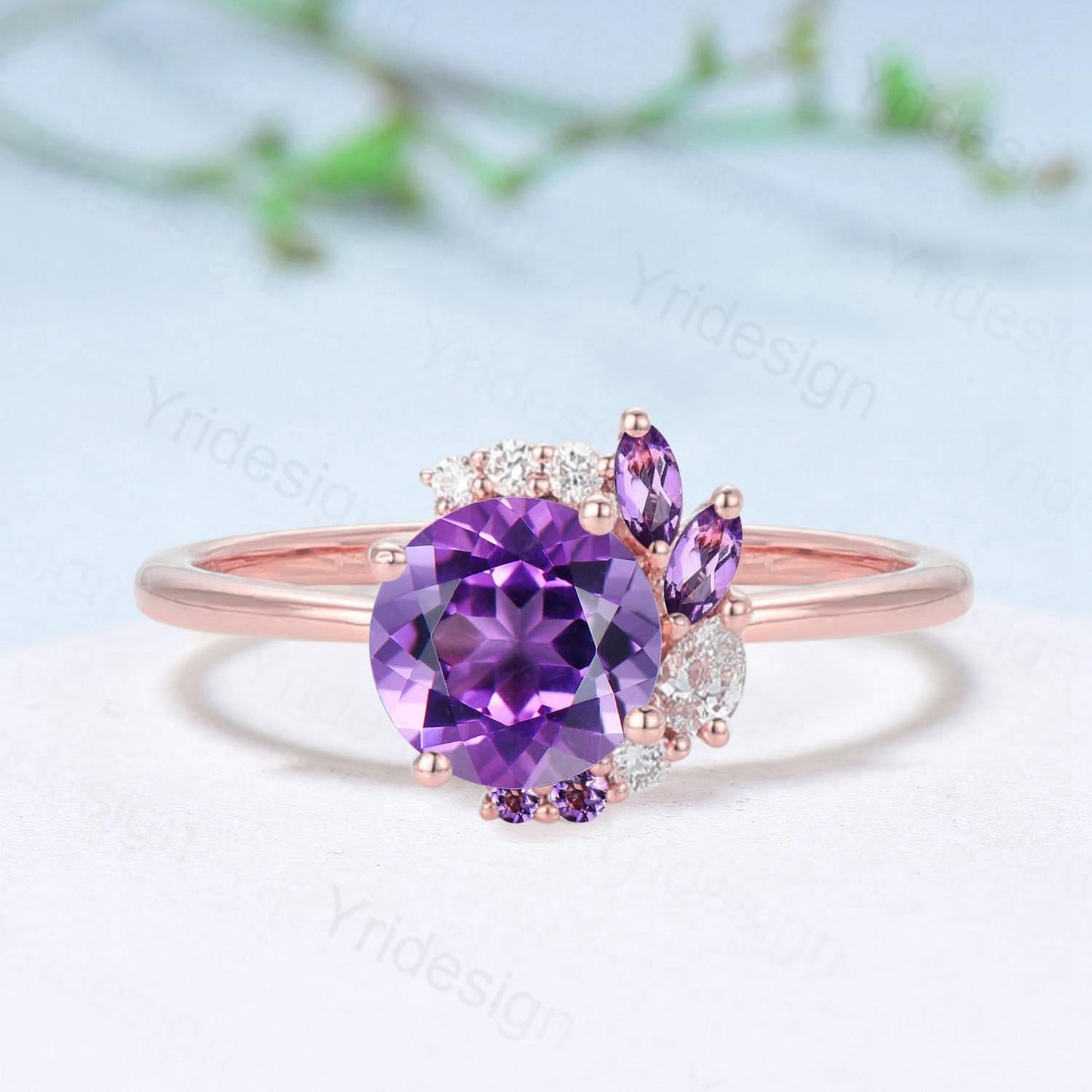 Half Halo Round Cut Amethyst Engagement Ring Silver Rose Gold Cluster Purple Gemstone Wedding Ring February Birthstone Bridal Ring Gift