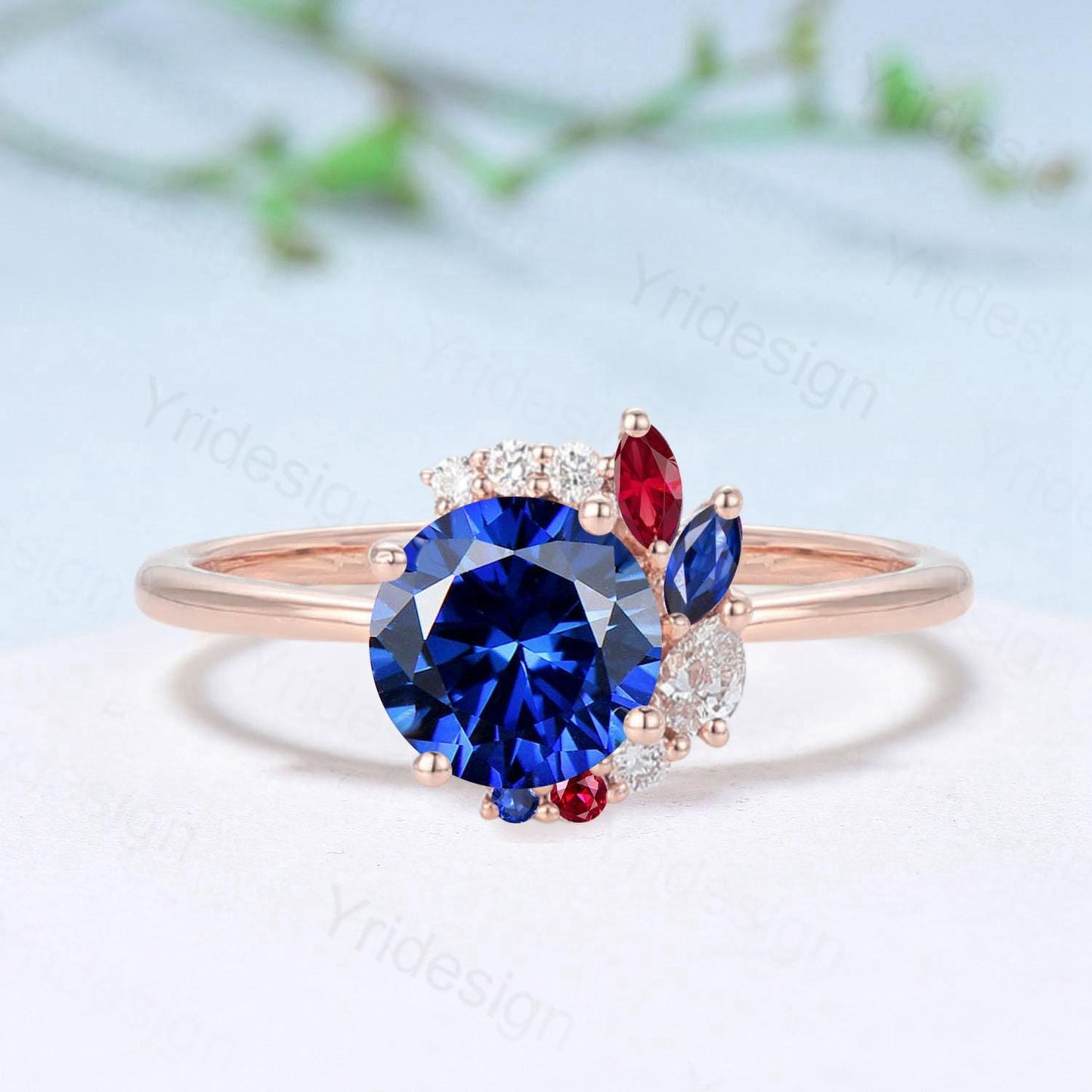 Unique Round Cut Blue Sapphire Engagement Ring Silver Rose Gold Cluster Marquise Ruby Wedding Ring Sep Birthstone Anniversary Promise Gifts