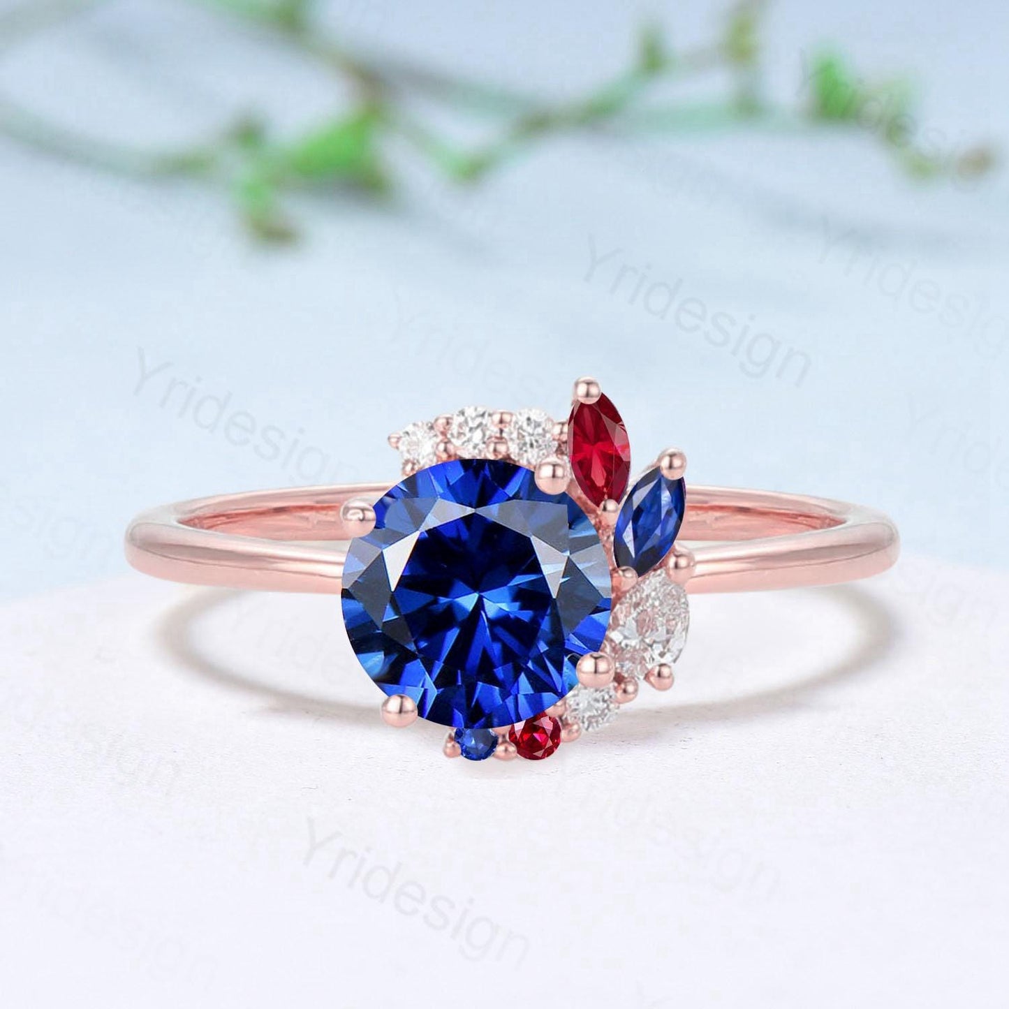 Unique Round Cut Blue Sapphire Engagement Ring Silver Rose Gold Cluster Marquise Ruby Wedding Ring Sep Birthstone Anniversary Promise Gifts