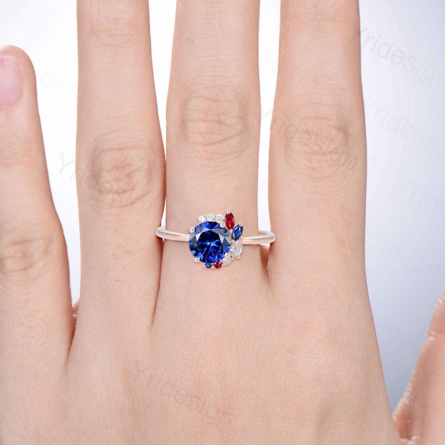 Unique Round Cut Blue Sapphire Engagement Ring Silver Rose Gold Cluster Marquise Ruby Wedding Ring Sep Birthstone Anniversary Promise Gifts