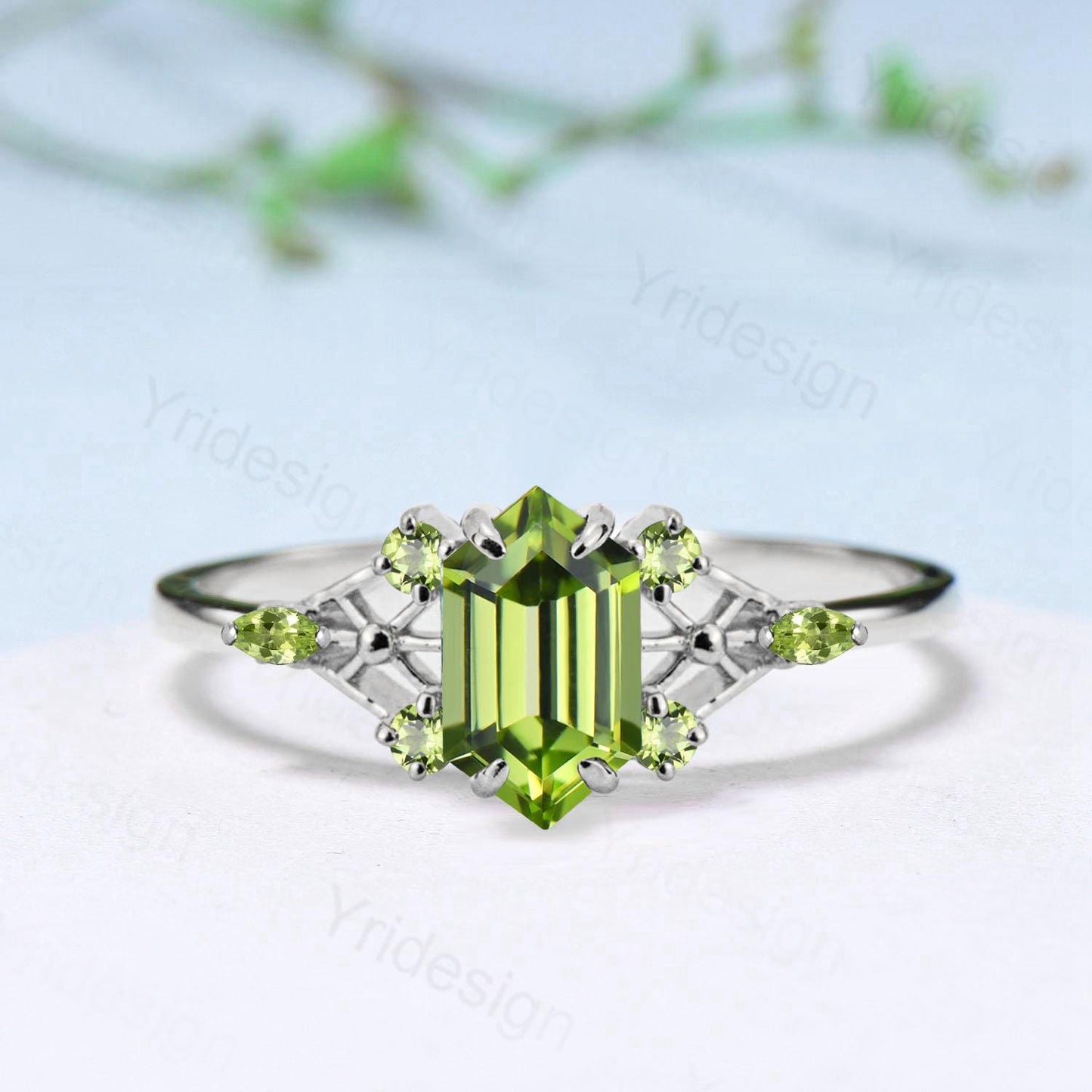 Vintage Elongated Hexagon Cut Peridot Engagement Ring Unique Spider Wedding Ring August Birthstone Anniversary Promise Ring Gift for Her