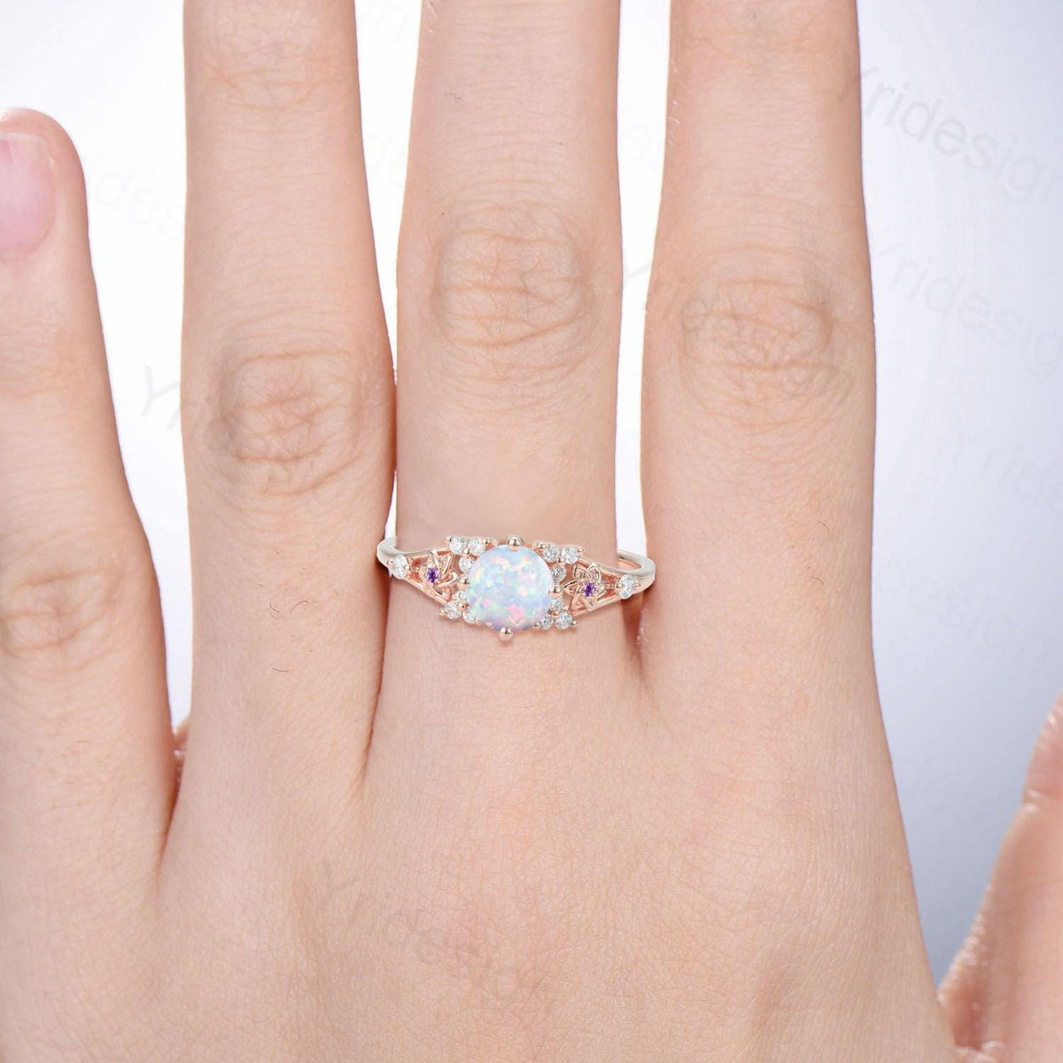 Unique White Opal Engagement Ring Vintage Floral Design Fire Opal Ring Natural Inspired Leaf Vine Cluster Amethyst Bride Wedding Ring Women
