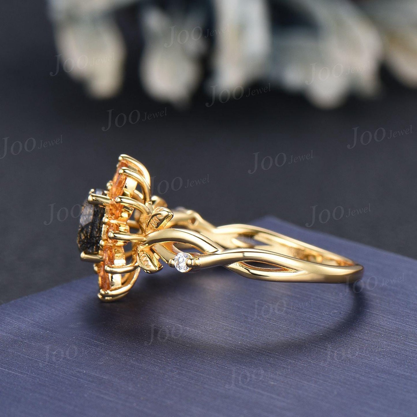 Sunflower Wedding Ring Solid 10K Gold Natural Citrine Black Rutilated Quartz Leaf Engagement Rings for Women